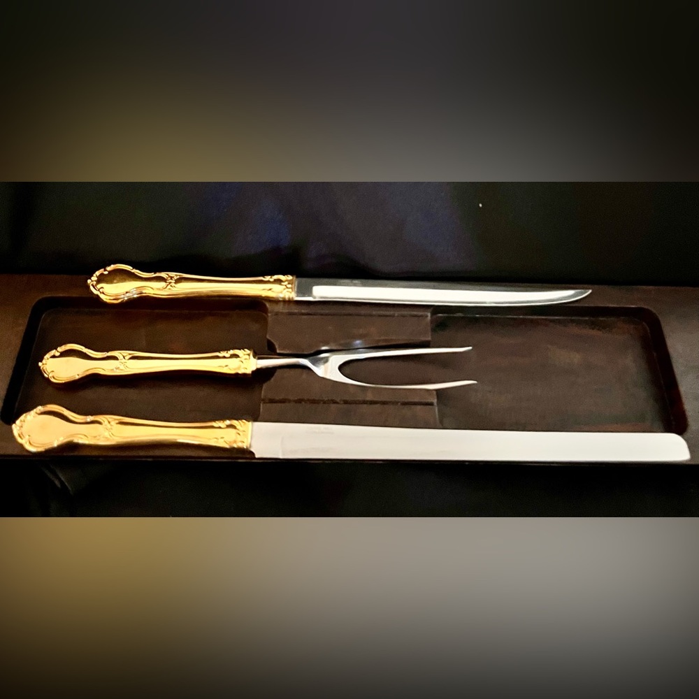 VTG Carvel Hall Gold Carving Set 3pc Mid Century Modern MCM Knife Fork Host Retr - Picture 7 of 12